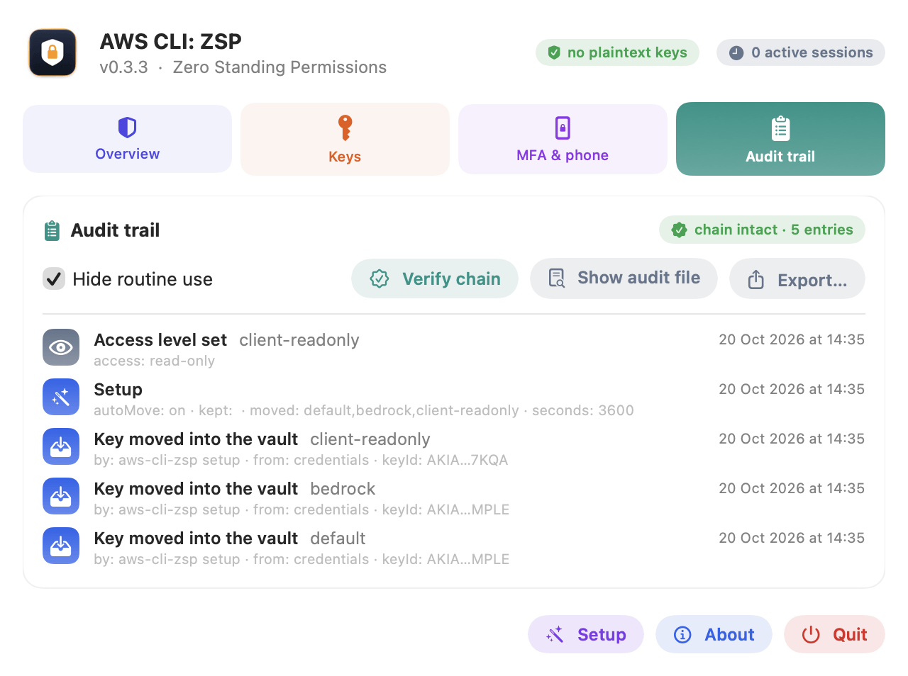 The Audit trail tab: chain intact, 5 entries, Hide routine use, Verify chain, Show audit file and Export, then entries for an access level set, setup and three keys moved into the vault.