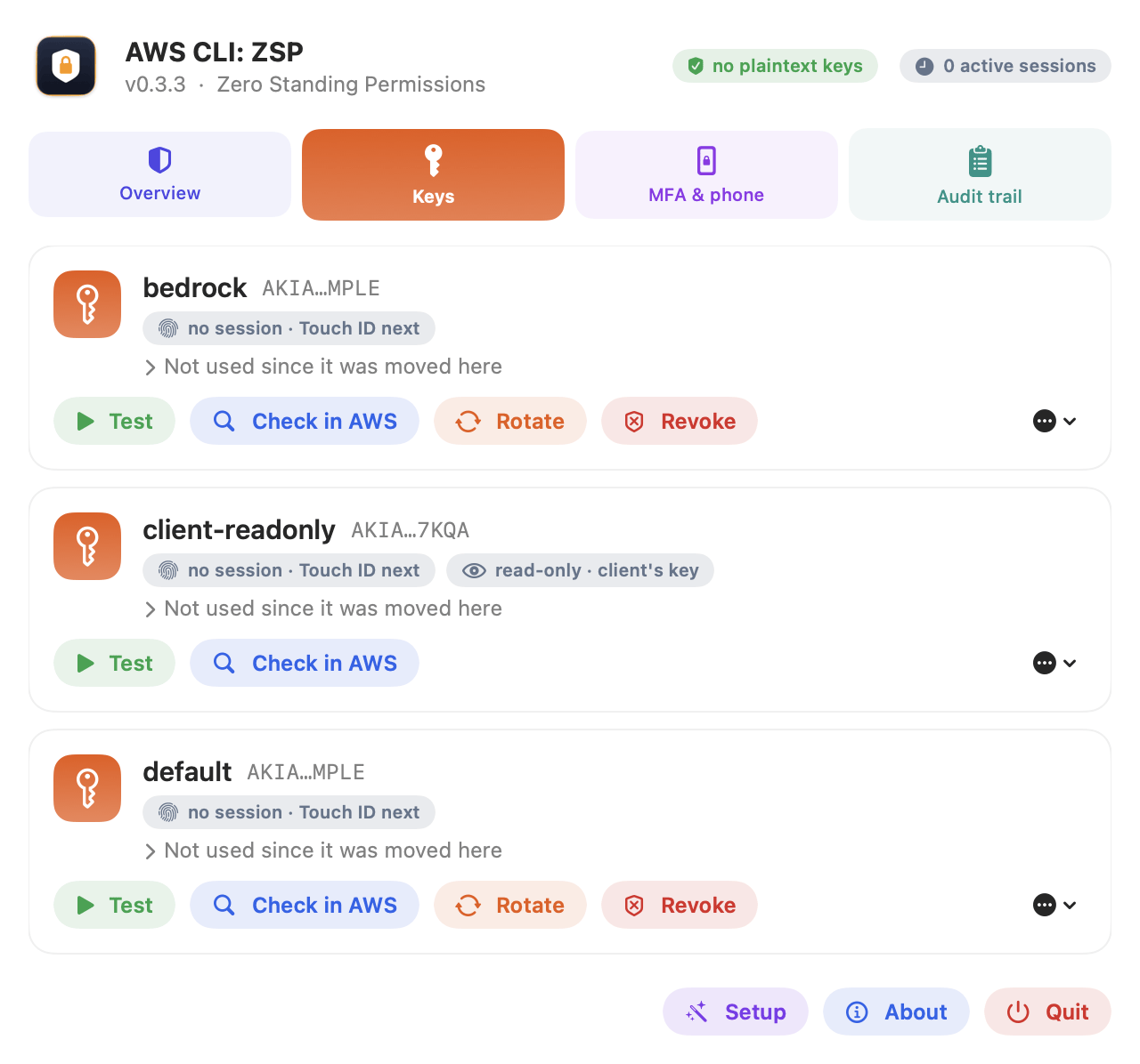 The Keys tab with three keys, bedrock, client-readonly and default, each showing no session, Touch ID next. bedrock and default have Test, Check in AWS, Rotate and Revoke; client-readonly is marked read-only, client's key, and has only Test and Check in AWS.