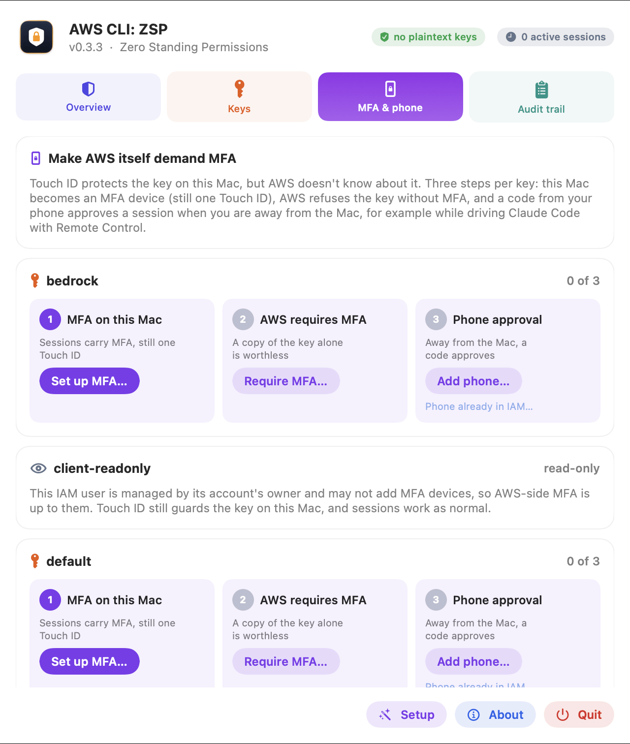 The MFA and phone tab: for bedrock and default, three steps each (MFA on this Mac with Set up MFA, AWS requires MFA with Require MFA, Phone approval with Add phone and Phone already in IAM); client-readonly is explained as managed by its account's owner.