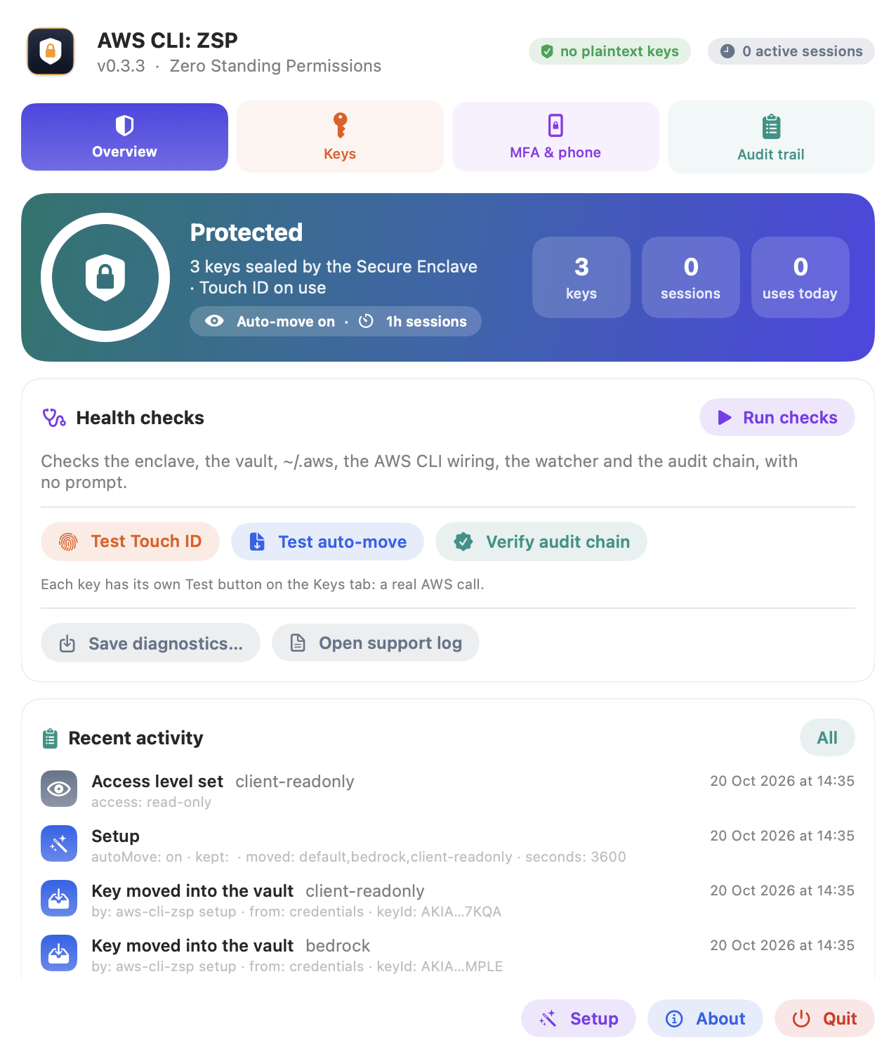 The Overview tab: Protected, 3 keys sealed by the Secure Enclave, auto-move on, 1 hour sessions, health checks with Test Touch ID, Test auto-move and Verify audit chain, and recent activity.