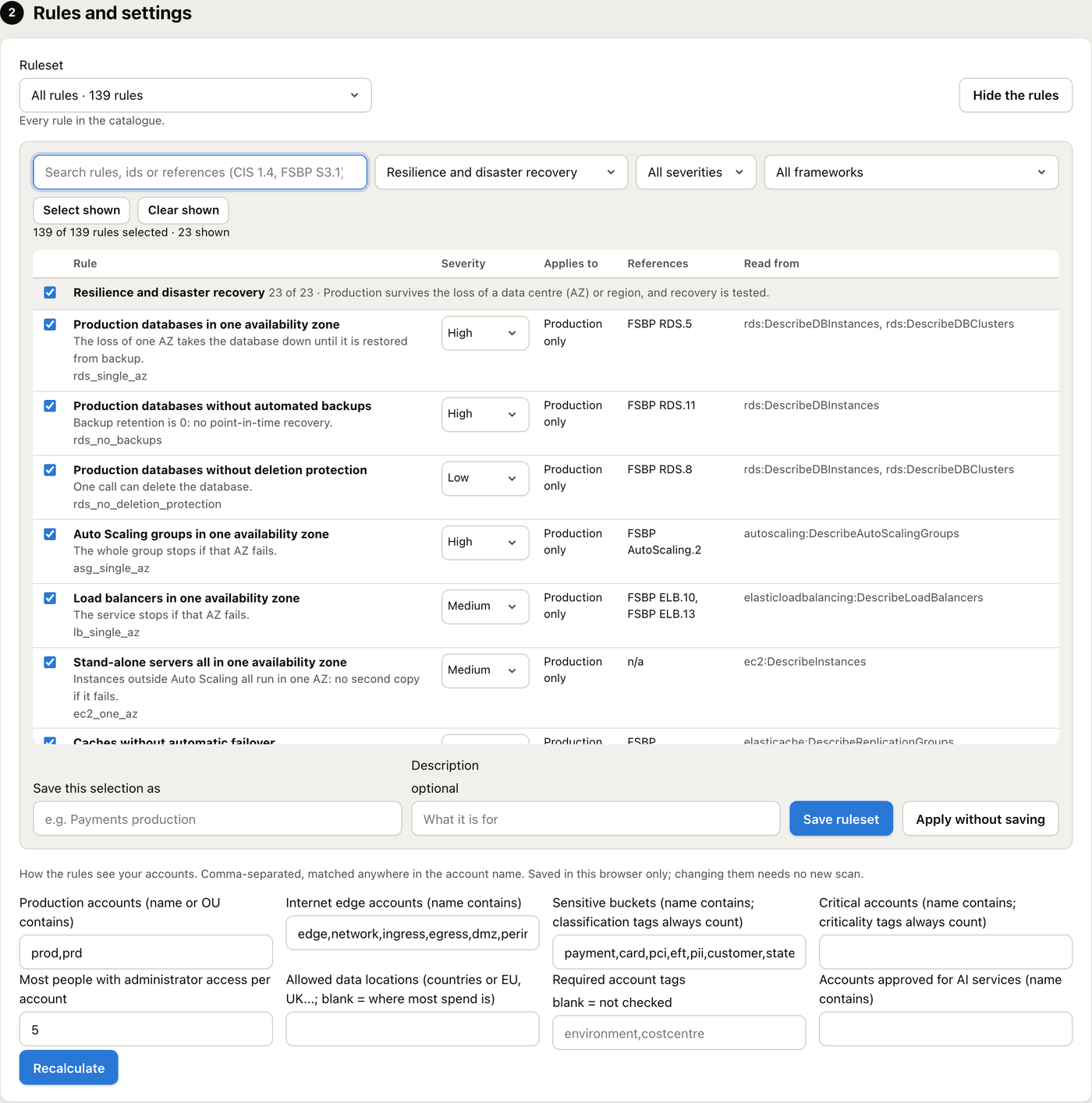 Rules and settings: ruleset All rules, 139 rules, a searchable rule list filtered to resilience and disaster recovery with severity, applies to, references and read from, Save ruleset, and settings for production, edge, sensitive and critical accounts.