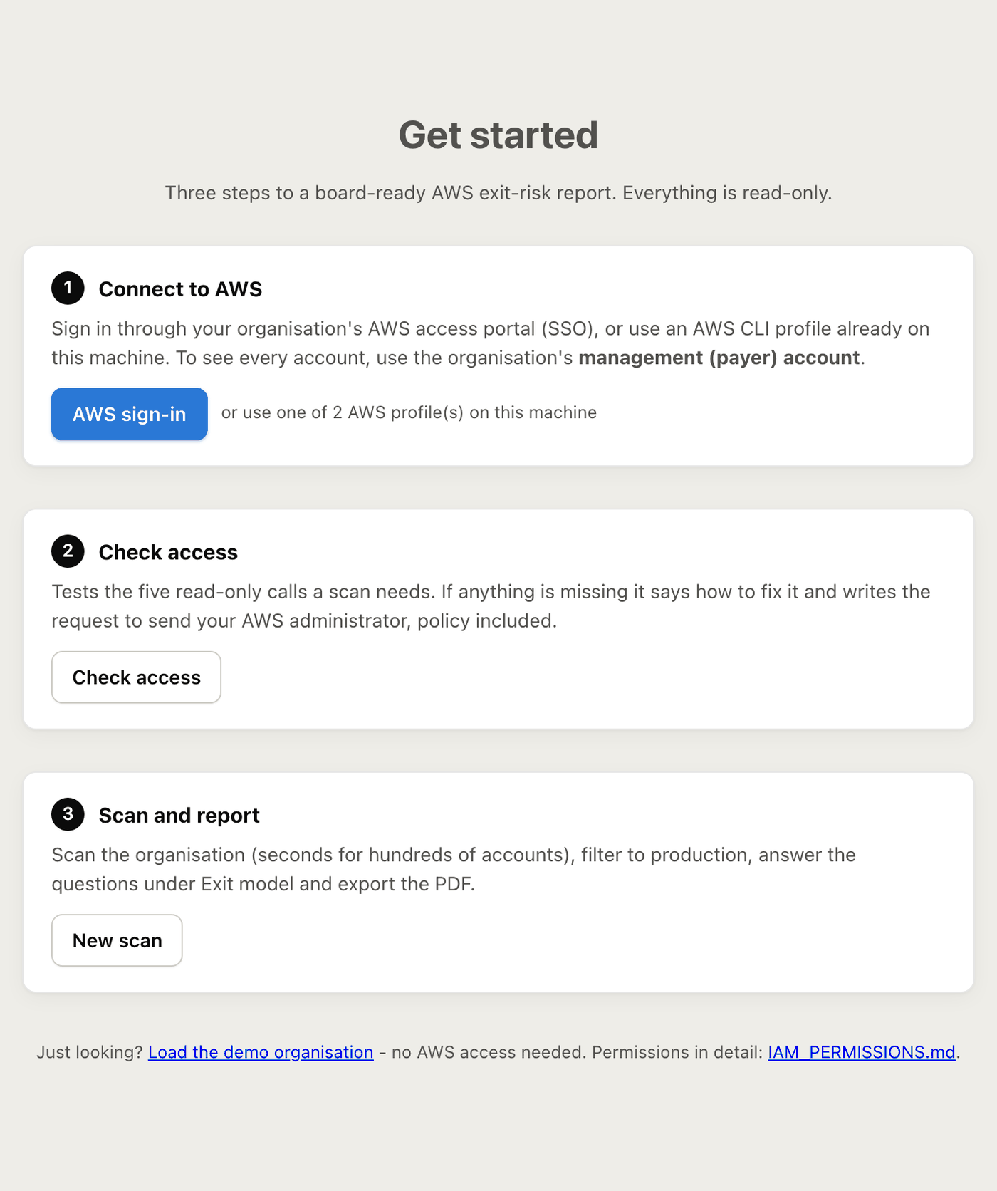 Get started: three cards, Connect to AWS with an AWS sign-in button, Check access, and Scan and report with a New scan button, plus a link to load the demo organisation.