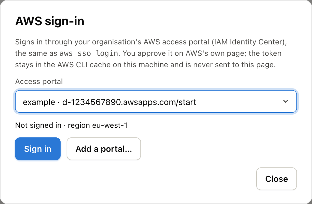 The AWS sign-in dialog: an access portal example d-1234567890.awsapps.com/start, not signed in, region eu-west-1, with Sign in and Add a portal buttons.