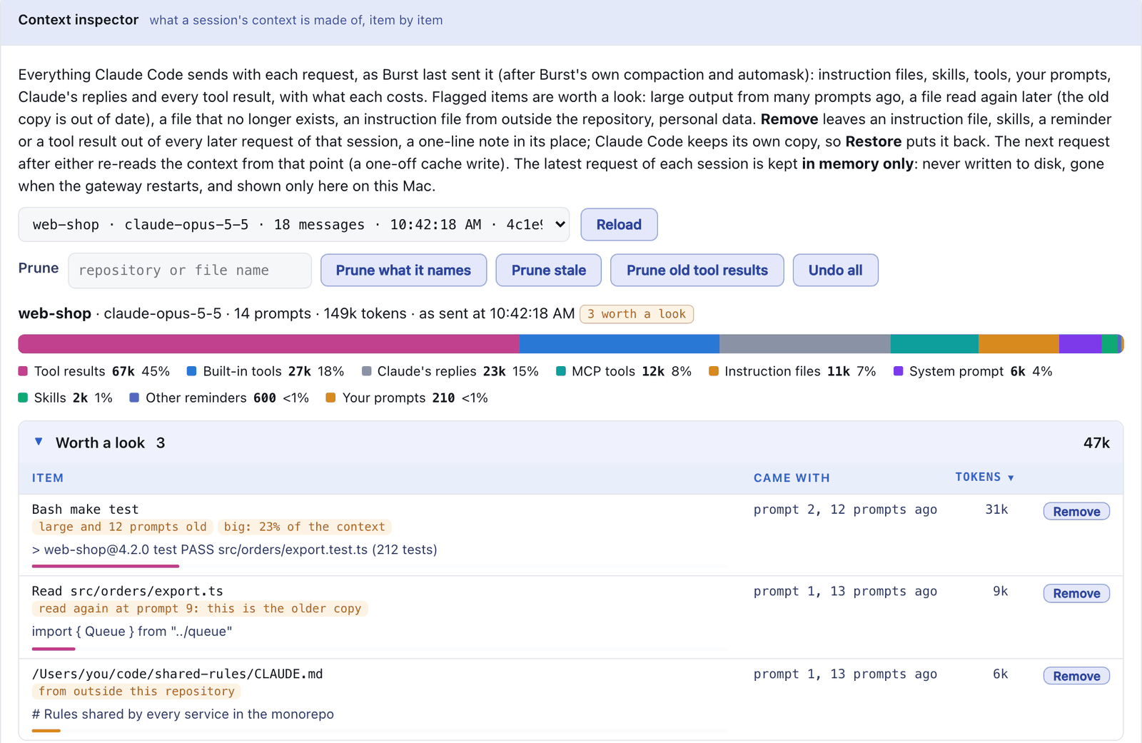 The context inspector for an example session: a bar of the context by part, prune buttons, and three flagged items worth a look, each with a Remove button.