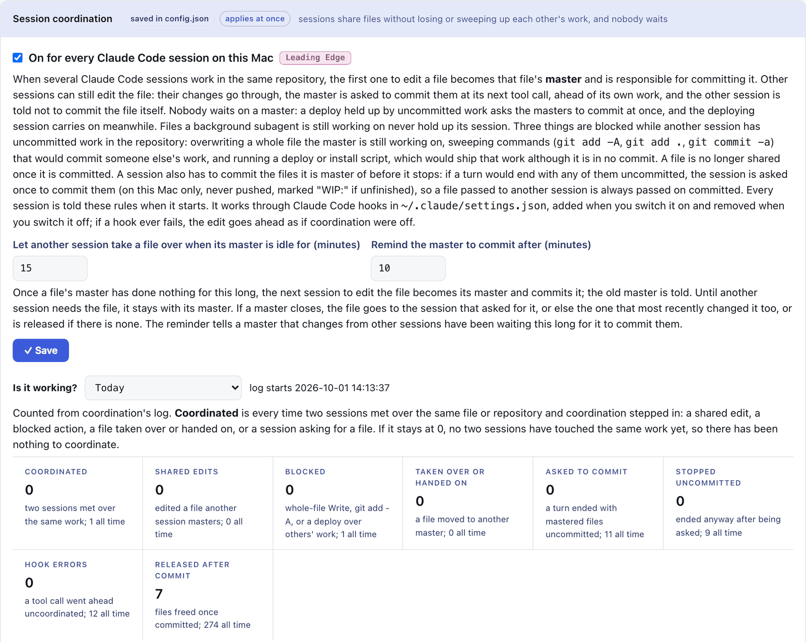 Session coordination: the on switch, the takeover and reminder timings, and counts of what coordination did, such as shared edits, blocked actions and files released after commit.