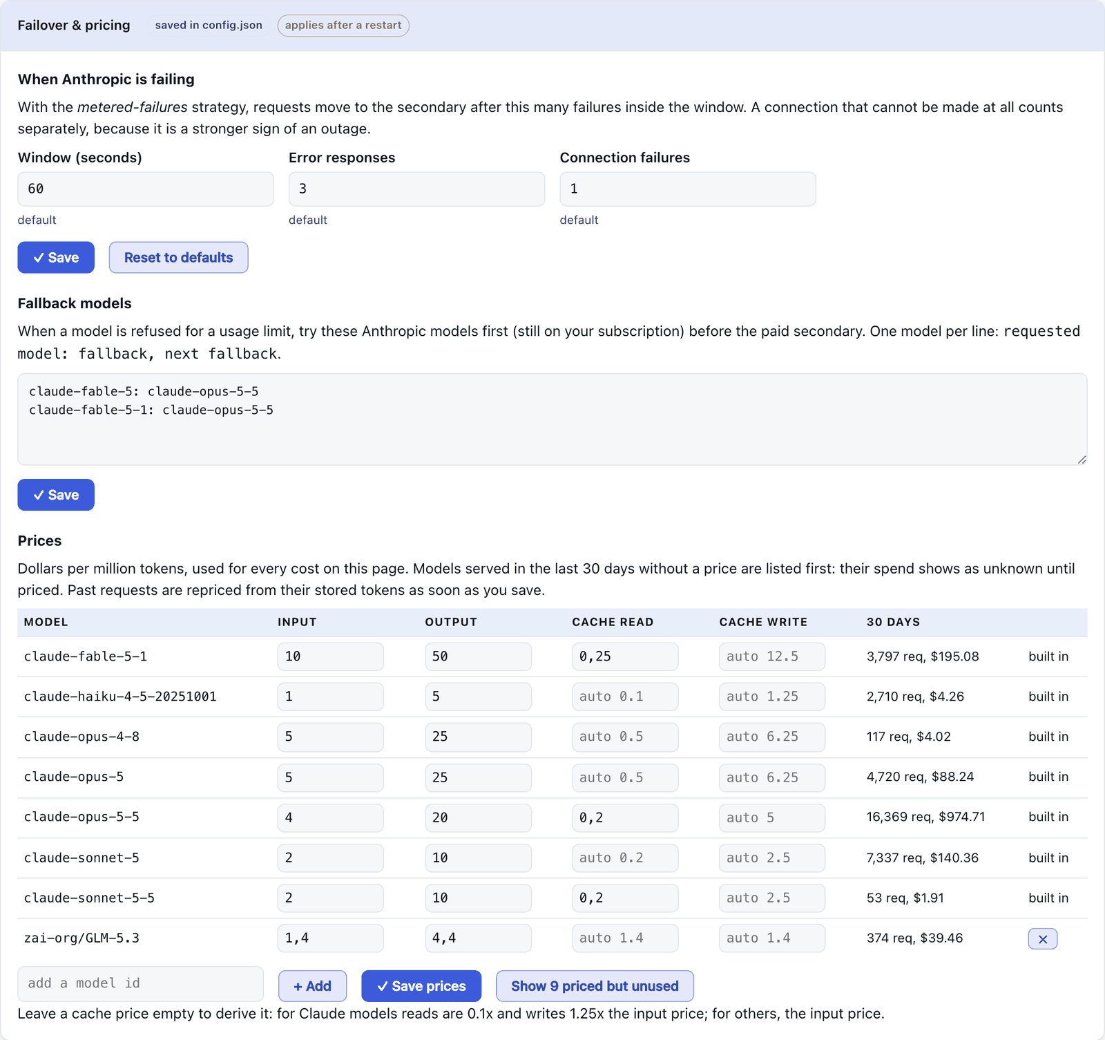 Failover and pricing: failure window and thresholds, fallback models such as a Fable model falling back to Opus, and a price table per model with input, output and cache prices.