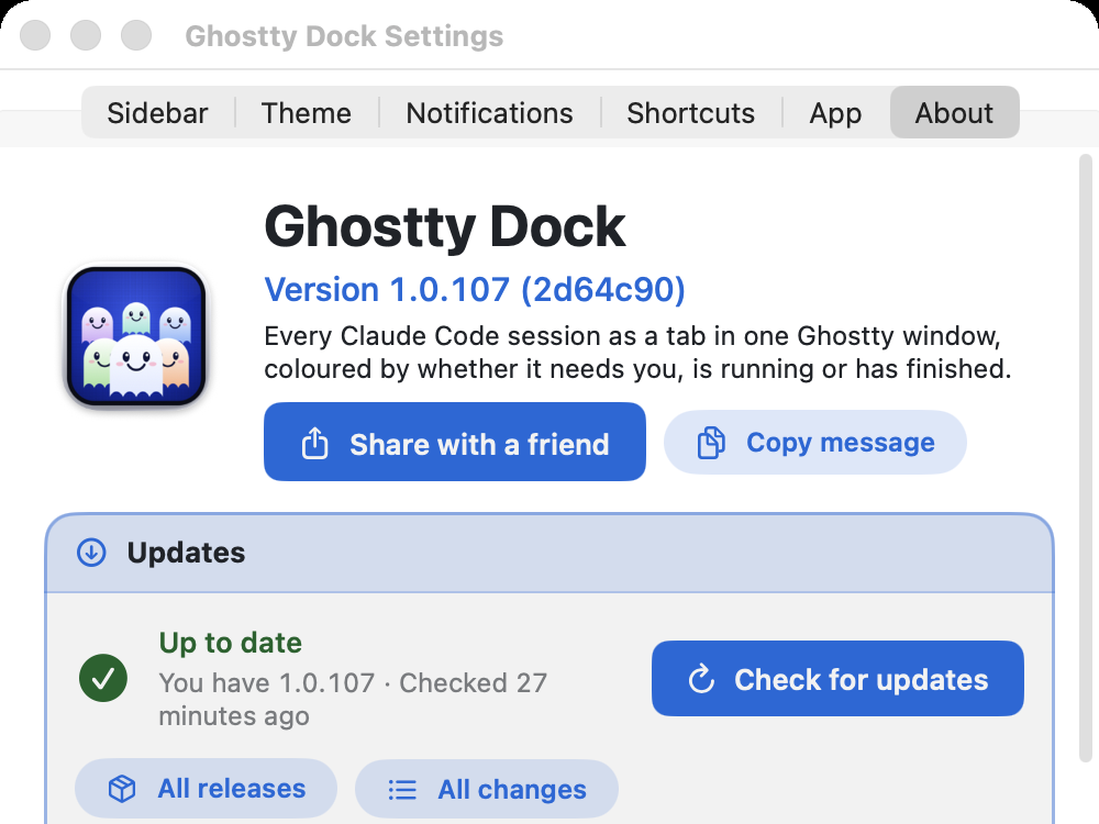 Settings, About tab: Ghostty Dock version, Share with a friend, Copy message, and an Updates card saying Up to date with Check for updates.