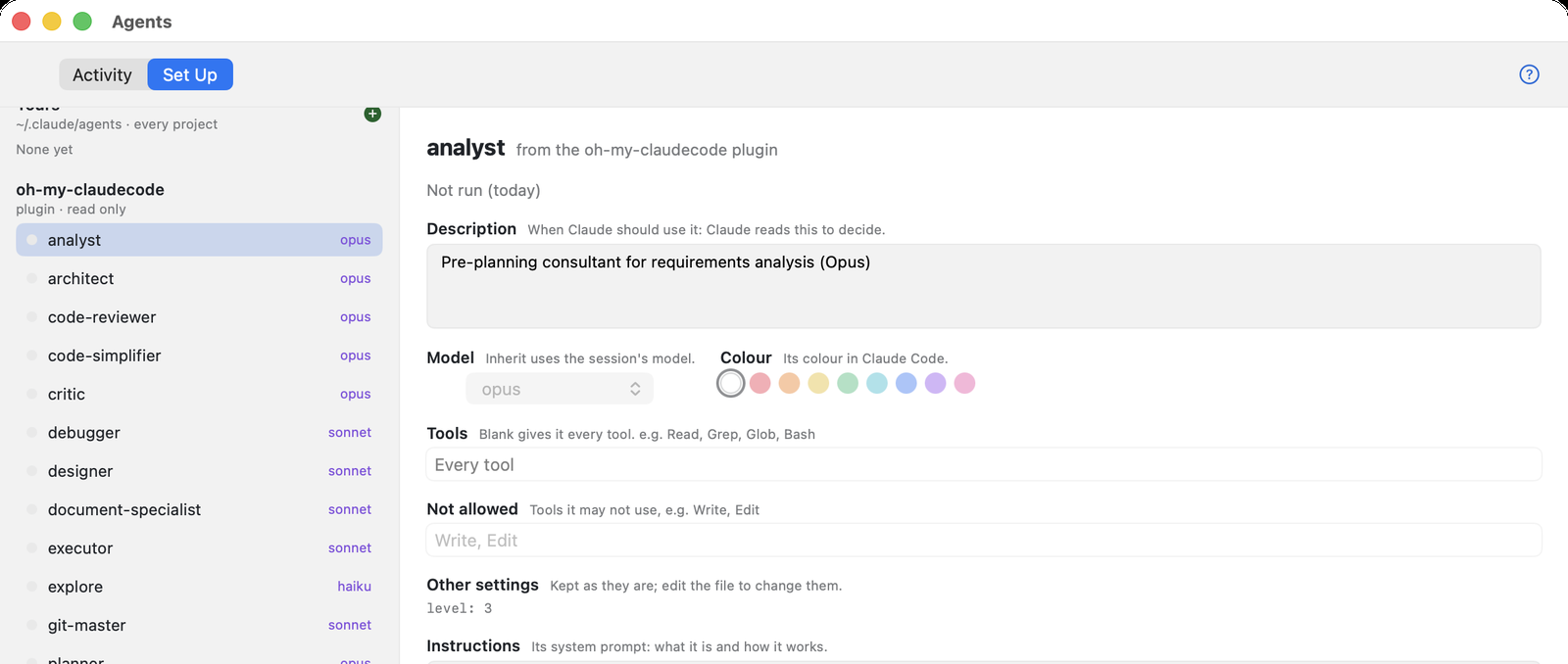 Agents Set Up: a list of agents on the left and the selected agent's description, model, colour, tools and instructions on the right.