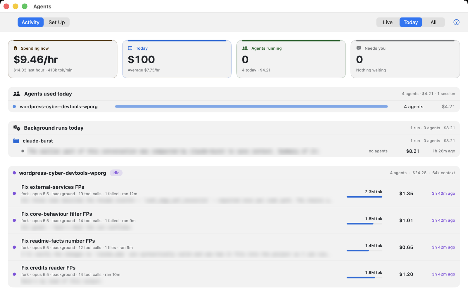 The Agents window on Today: spending now $9.46 an hour, $100 today, no agents running, nothing waiting, then agents used today grouped by session.