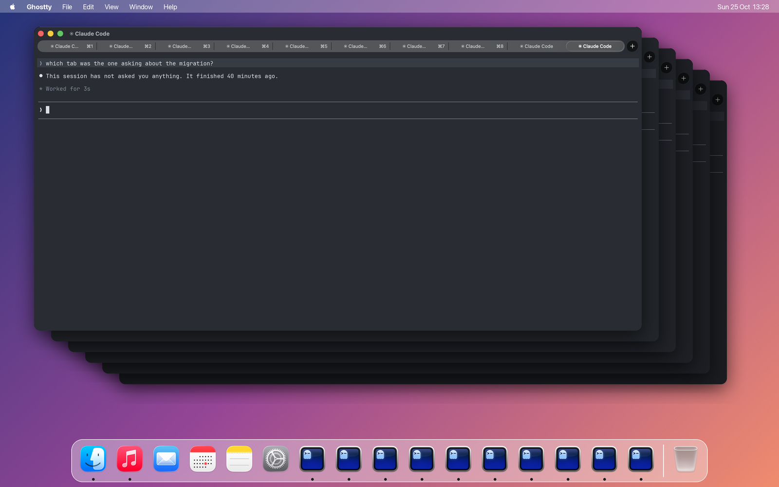 A Mac running plain Ghostty: a stack of Ghostty windows, the front one with ten tabs all titled Claude Code, and ten identical Ghostty icons along the Dock at the bottom of the screen.