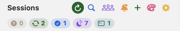 The sidebar header: Restart, Search, Agents, Bell, Plus, Palette and Gear, with the state counters below.