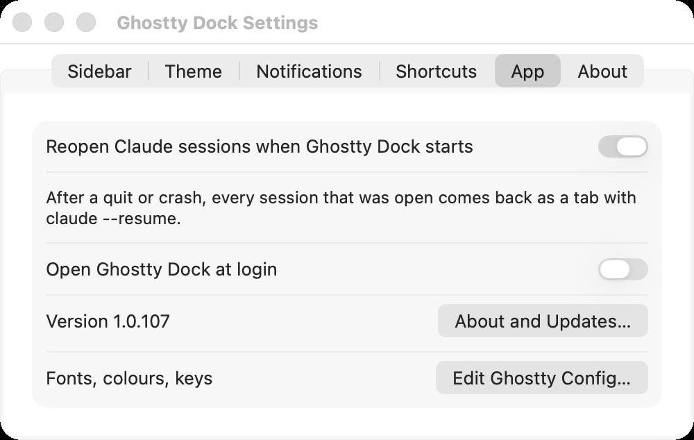 Settings, App tab: reopen sessions at start, open at login, version, and Edit Ghostty Config.