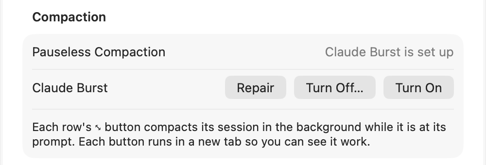 Settings, Sidebar, Compaction: Pauseless Compaction, Claude Burst is set up, with Repair, Turn Off and Turn On buttons.
