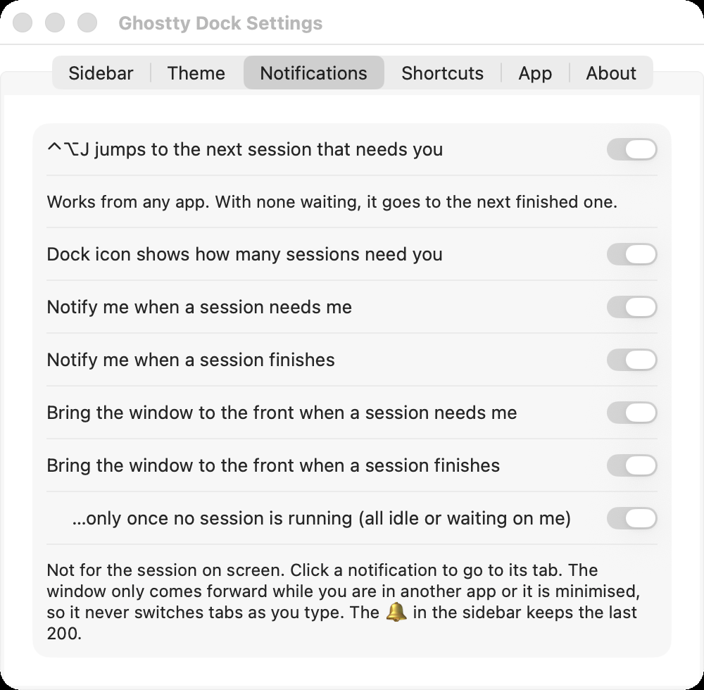 Settings, Notifications tab: hotkey, Dock badge, notify when a session needs you or finishes, bring the window to the front.