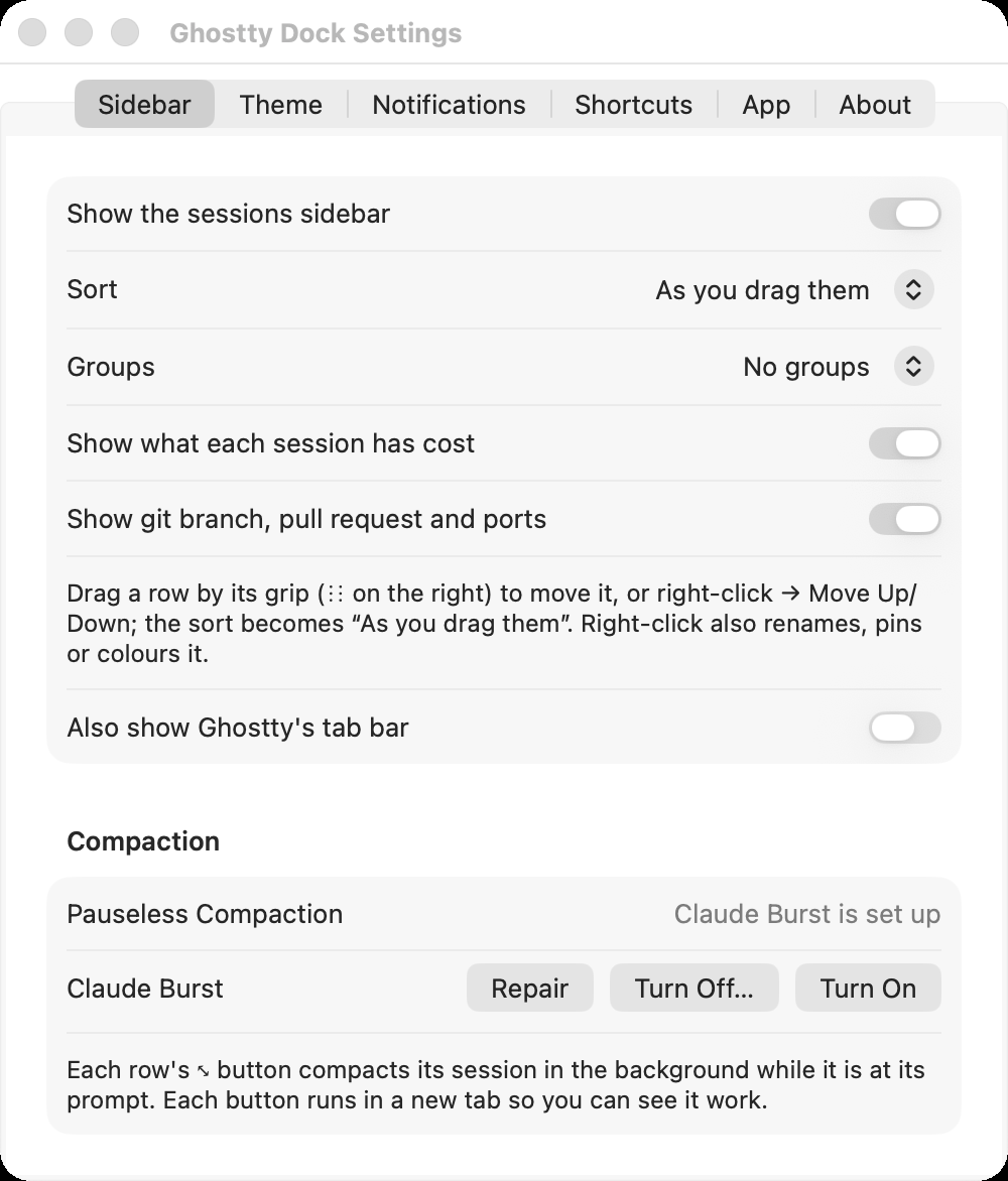 Settings, Sidebar tab: show the sidebar, sort, groups, cost, git line, Ghostty's tab bar, and Compaction with Repair, Turn Off and Turn On.