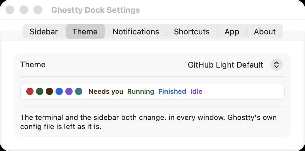 Settings, Theme tab: a theme menu set to GitHub Light Default with a preview of the state colours.