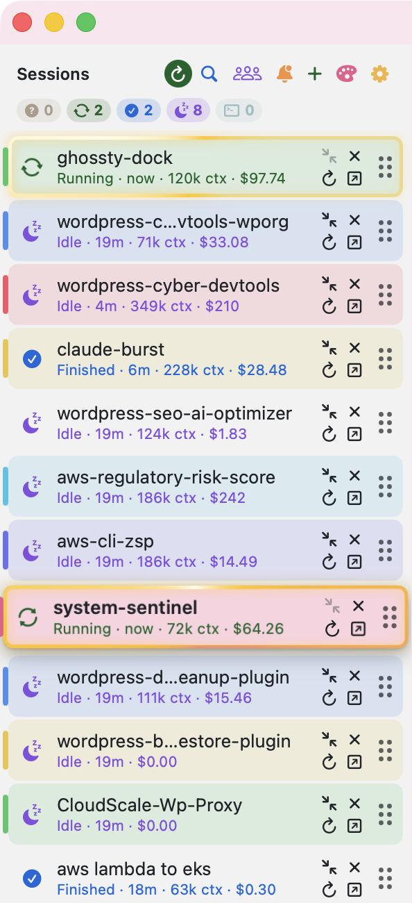 Sidebar rows: running rows have a gold border, idle rows show a moon, a finished row shows a blue tick.