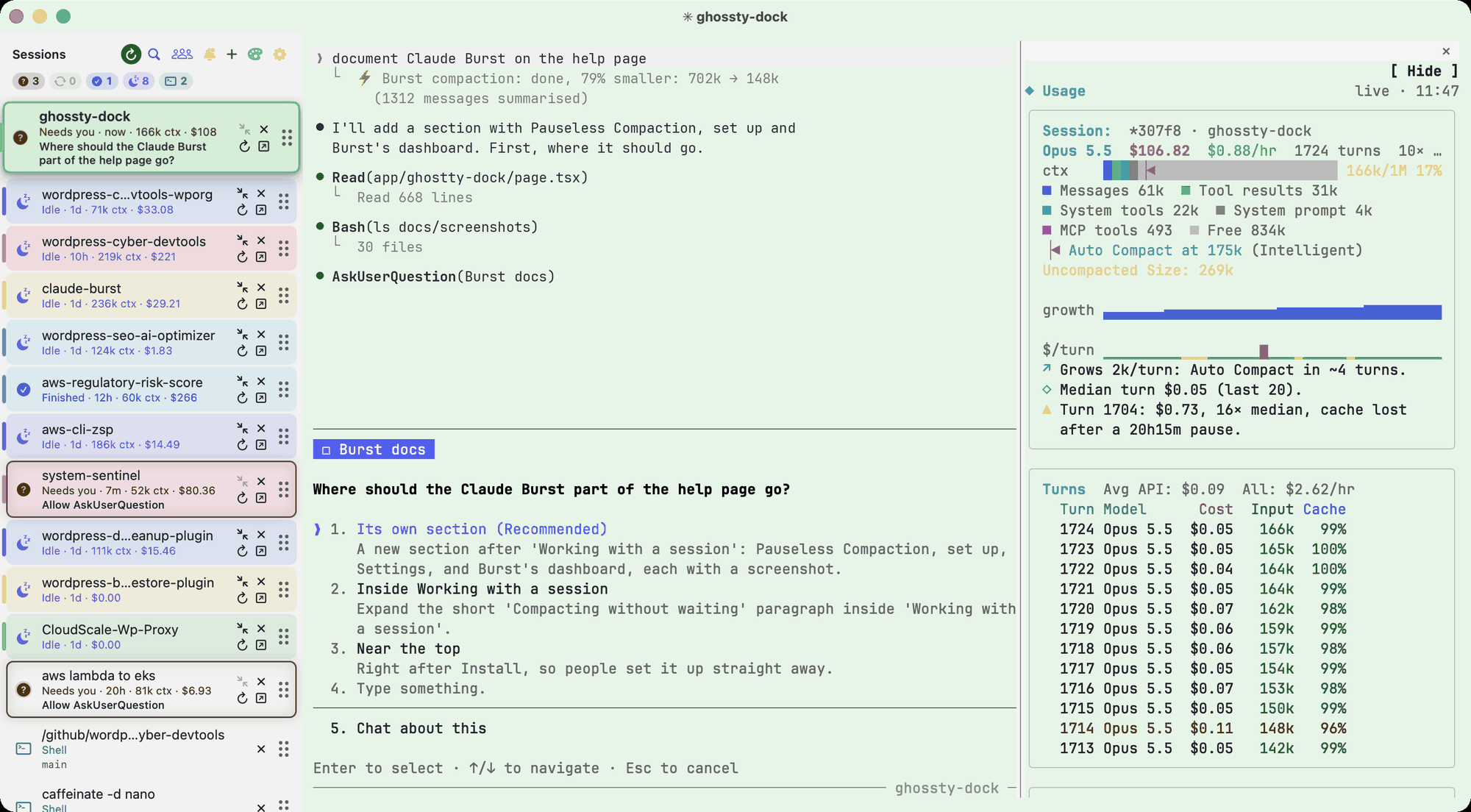 The whole Ghostty Dock window: the sidebar of sessions on the left, three of them needing an answer, the selected session asking a multiple choice question in the middle, and Claude Burst's usage panel on the right.