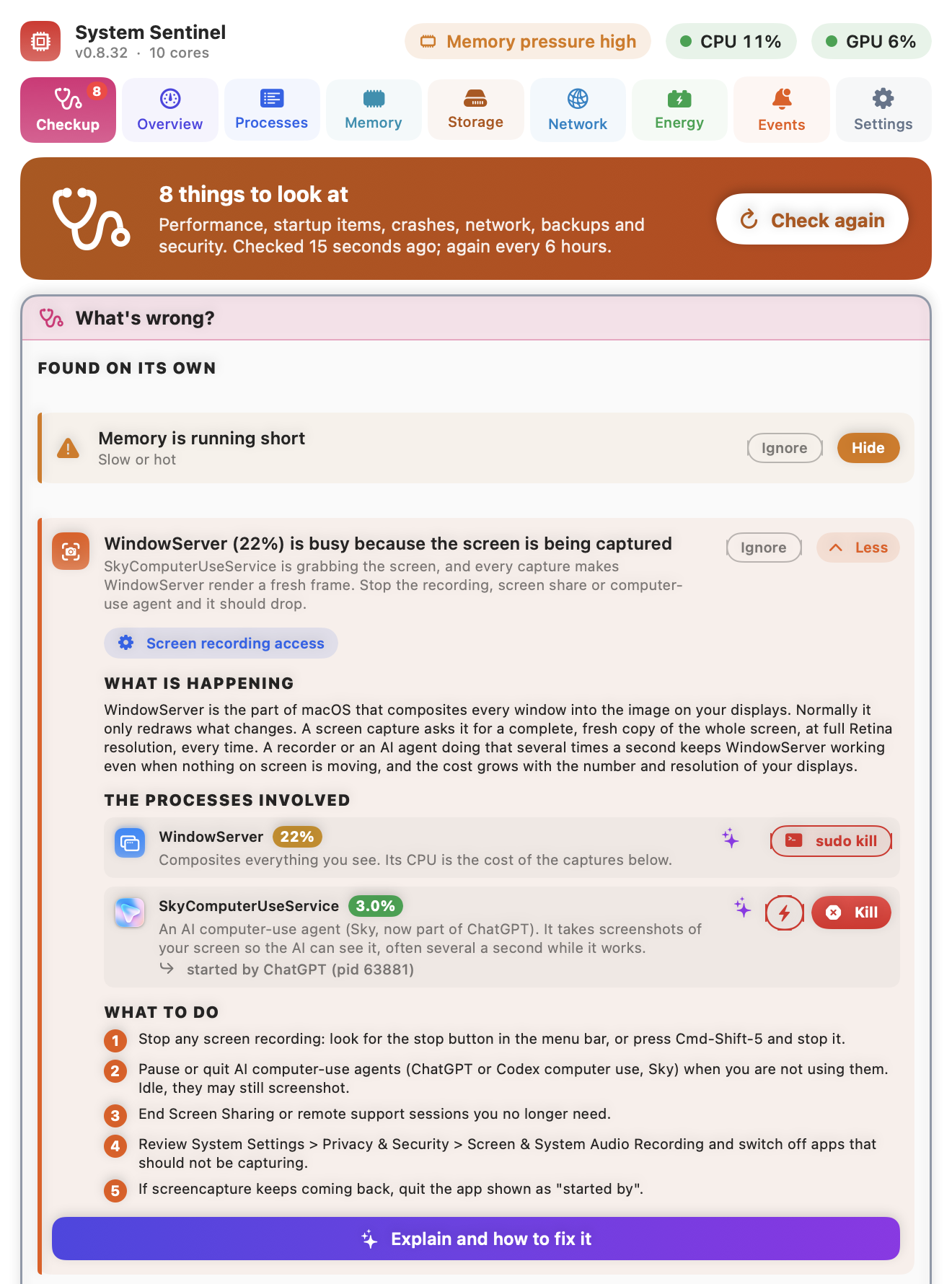 Checkup: What's wrong? with findings found on its own, each with Fix it and Ignore.