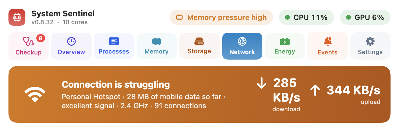 The Network tab header: connection state, Wi-Fi details and download and upload speed.