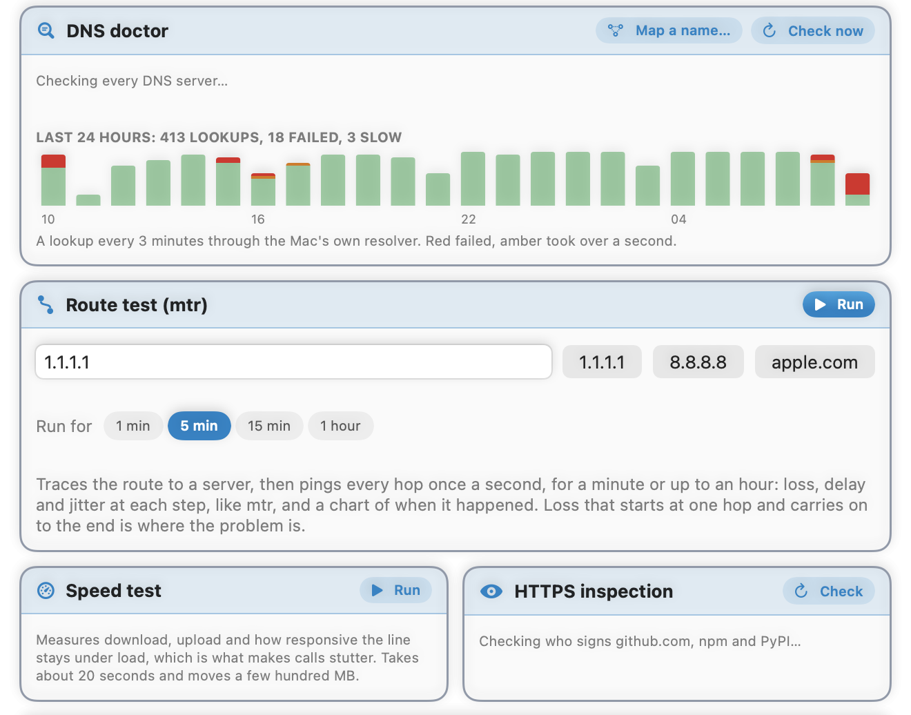 The Network tools: DNS doctor with a 24 hour chart, Route test, Speed test and HTTPS inspection.