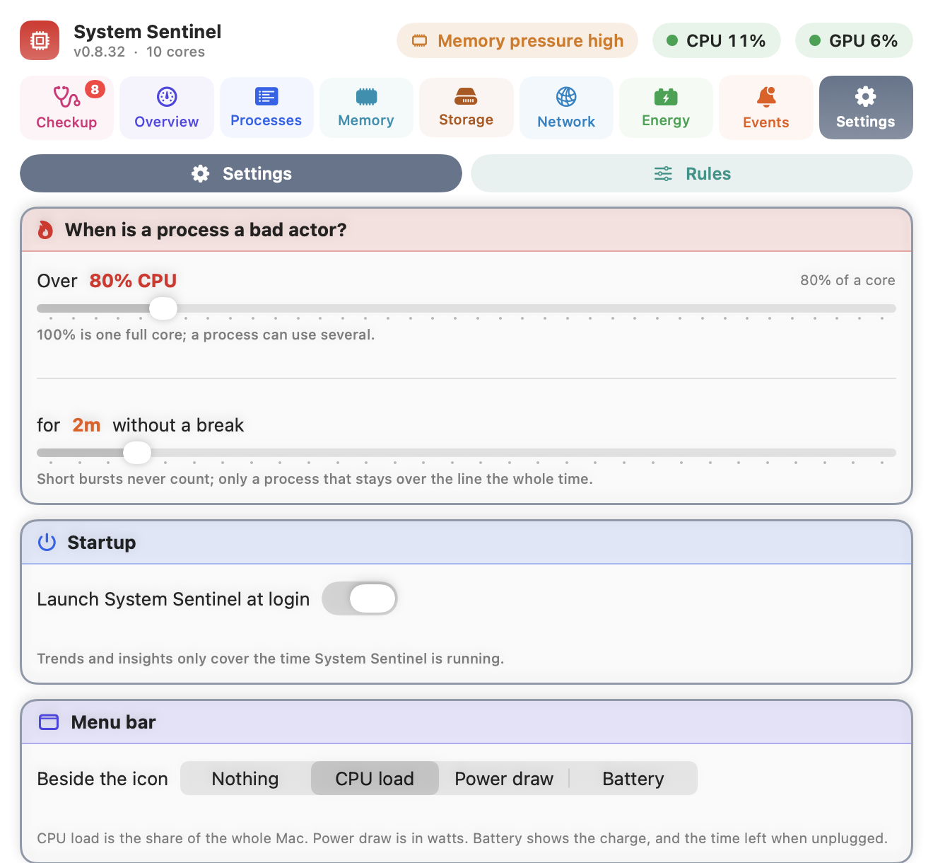 Settings: when is a process a bad actor (80% CPU for 2 minutes), Startup and Menu bar.
