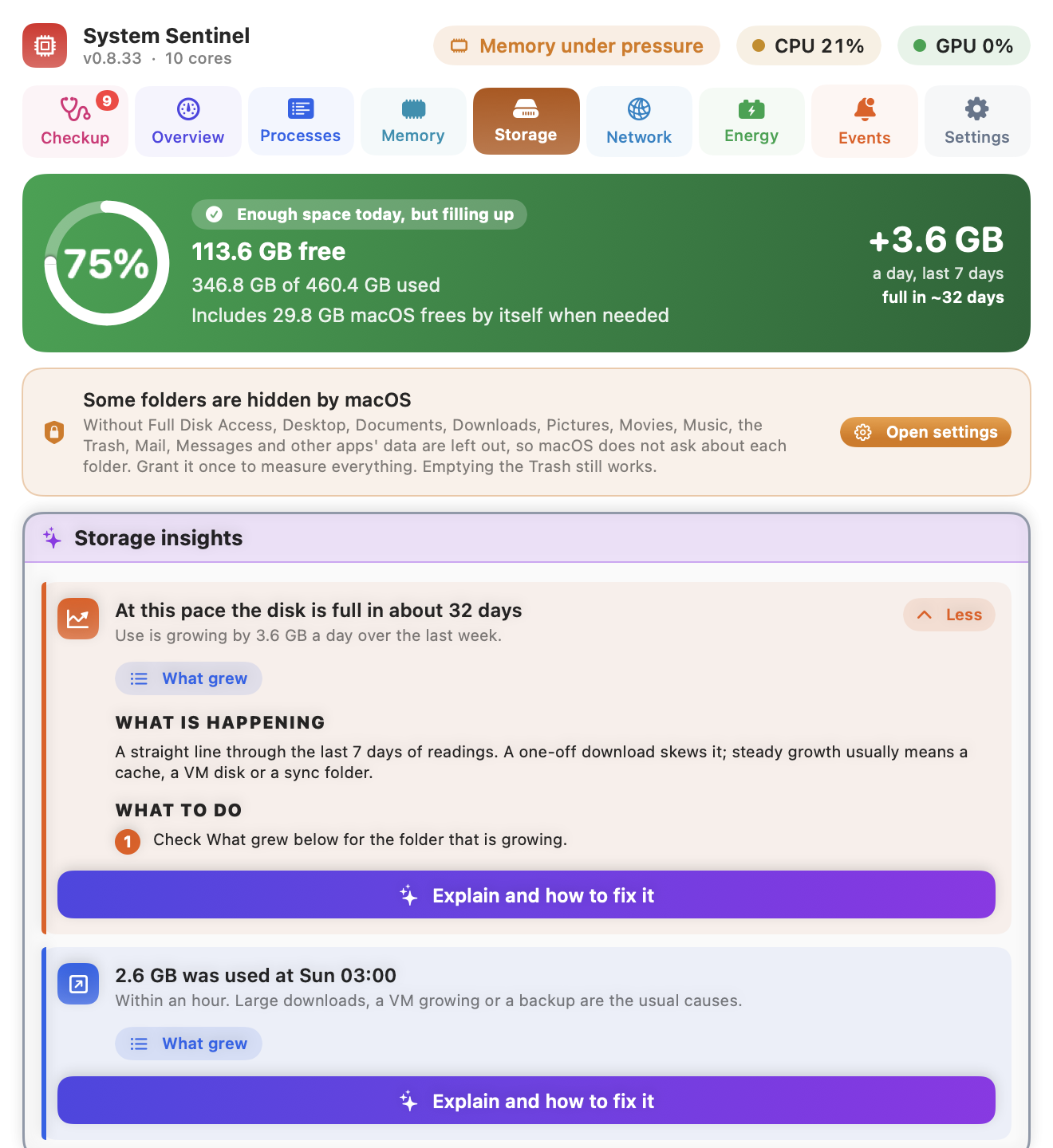 The Storage tab: free space, growth a day over the last week, a Full Disk Access card and Storage insights.